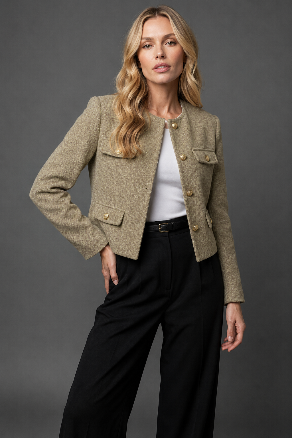 Cropped Tweed Blazer with Gold Buttons & Flap Pockets