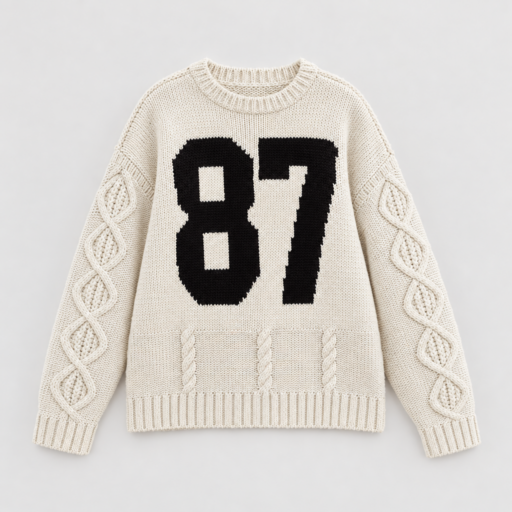 Skyler Varsity 87 Cable Knit Sweater in cream, flat product view