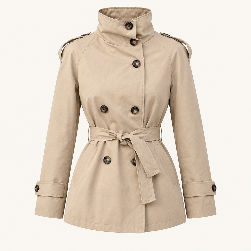 Skyler Double-Breasted Belted Trench Coat in Beige product photo