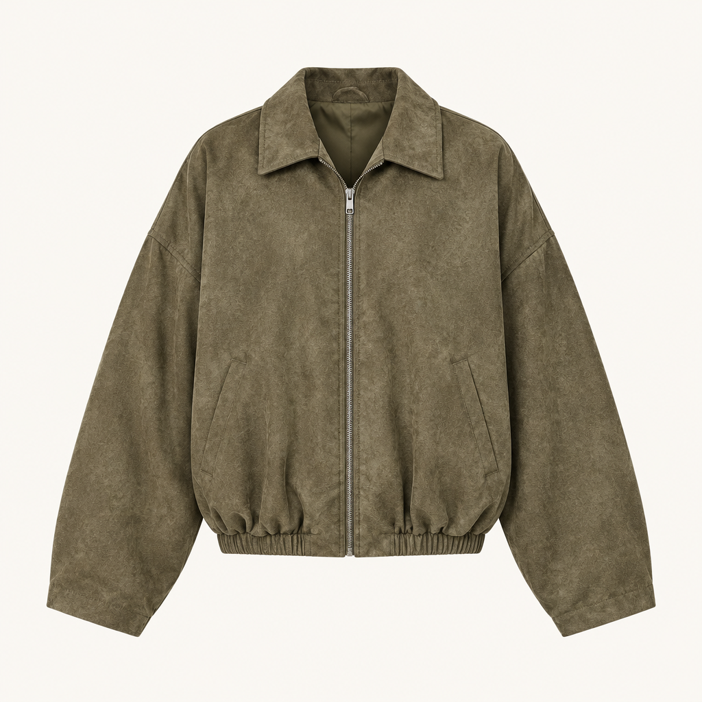 Skyler Oversized Faux Suede Bomber Jacket in Khaki product photo