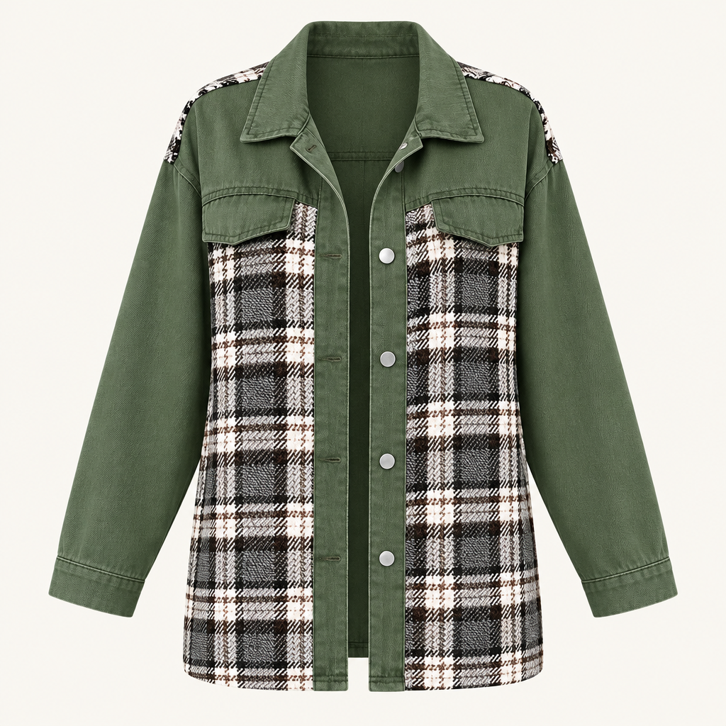 Skyler Plaid Patchwork Denim Jacket in Green