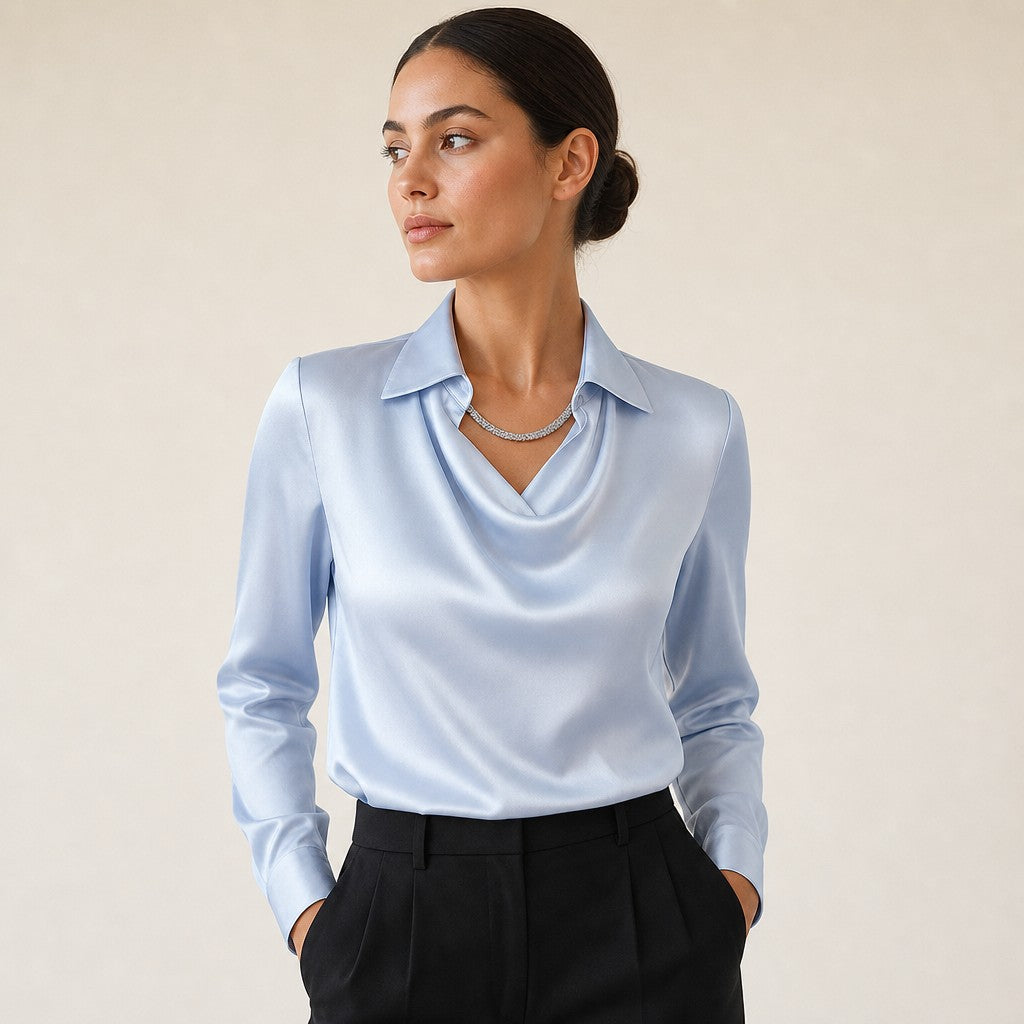 Women's pleated neckline blouse in Light Blue