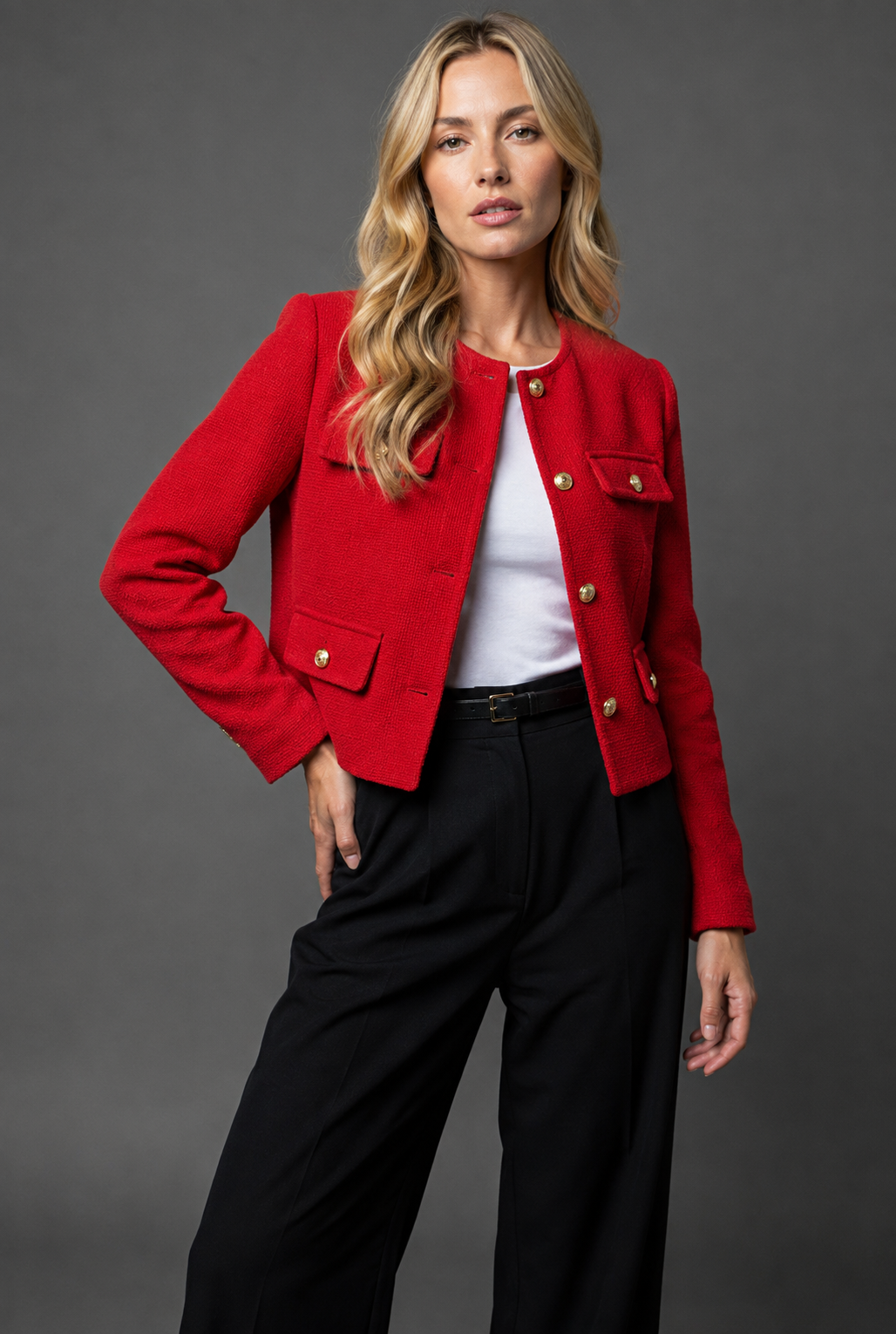 Cropped Tweed Blazer with Gold Buttons & Flap Pockets