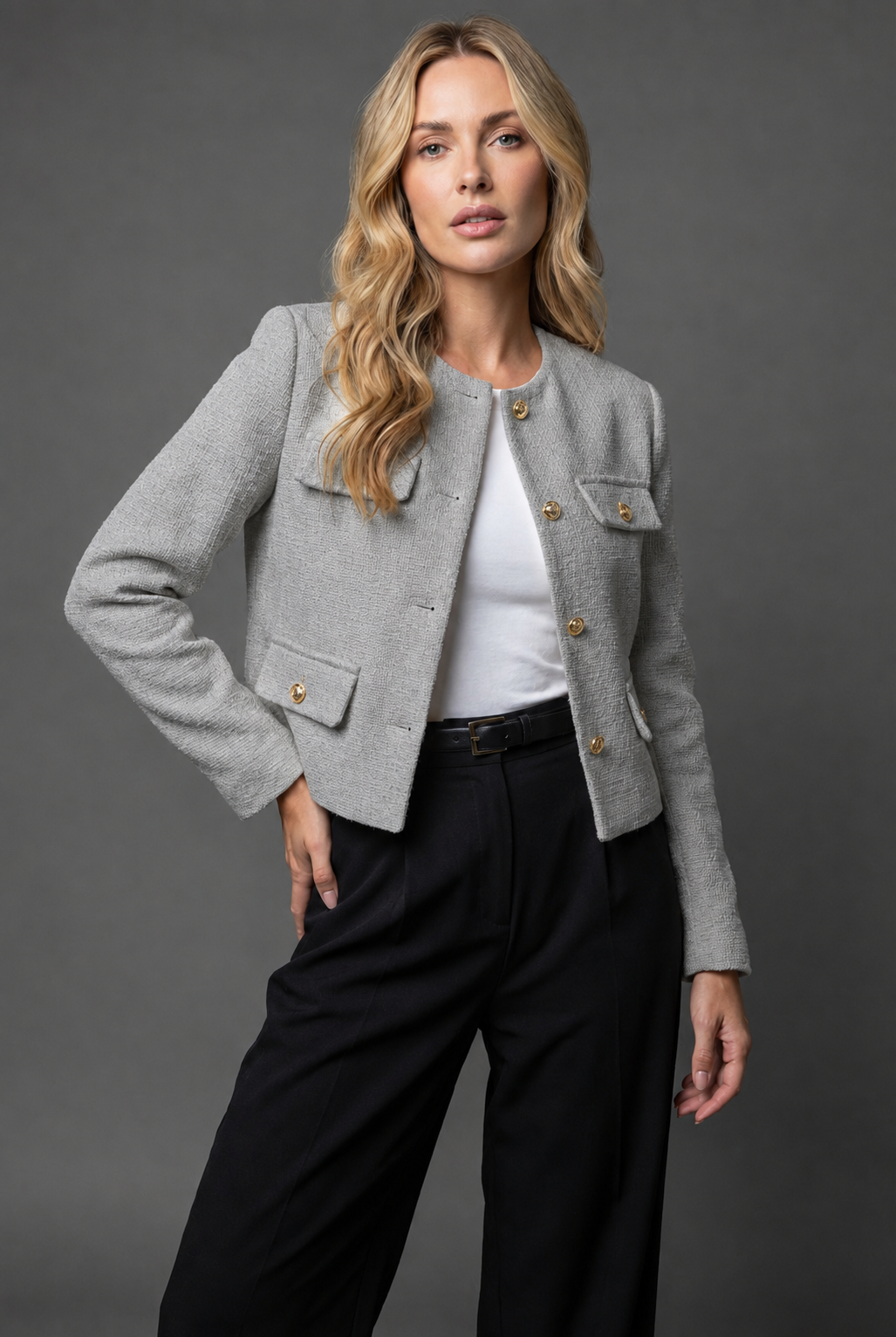 Cropped Tweed Blazer with Gold Buttons & Flap Pockets