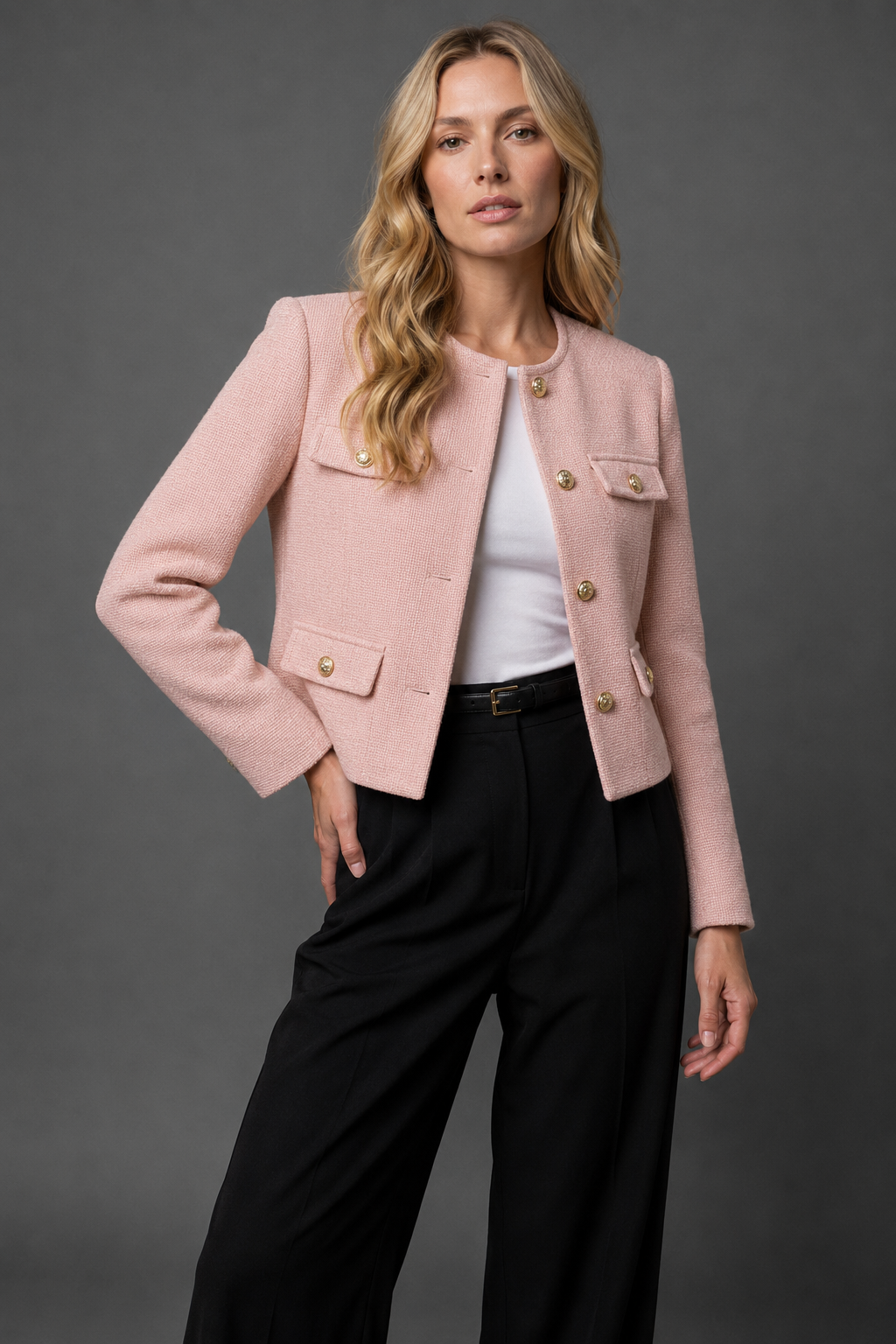 Cropped Tweed Blazer with Gold Buttons & Flap Pockets