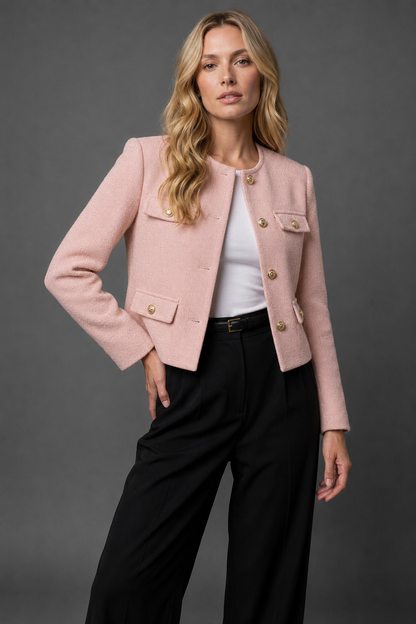 Cropped Tweed Blazer with Gold Buttons & Flap Pockets