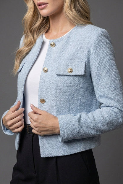 Cropped Tweed Blazer with Gold Buttons & Flap Pockets