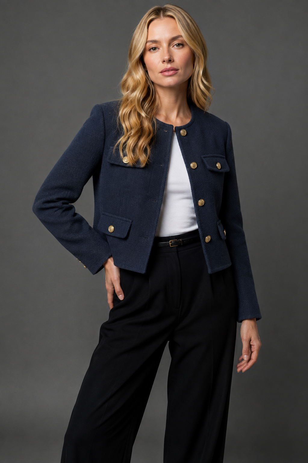 Cropped Tweed Blazer with Gold Buttons & Flap Pockets