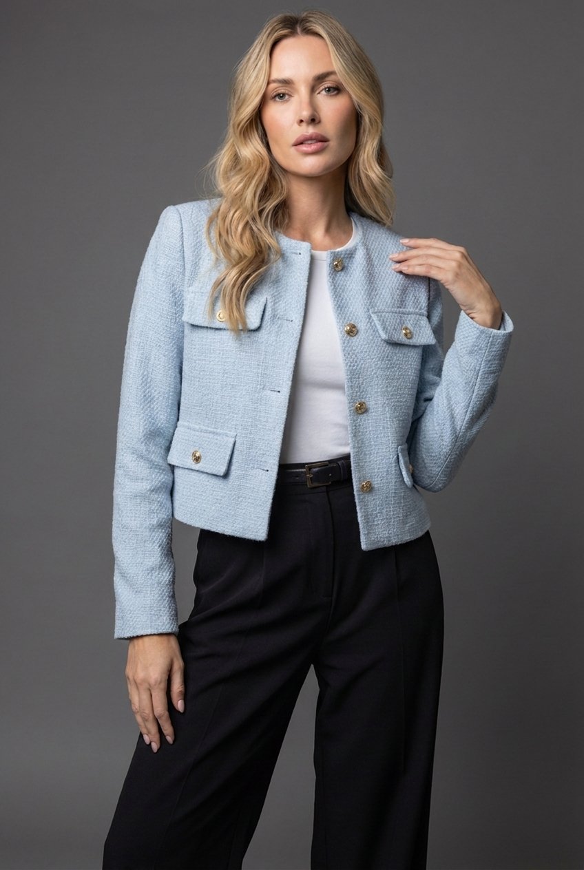 Cropped Tweed Blazer with Gold Buttons & Flap Pockets