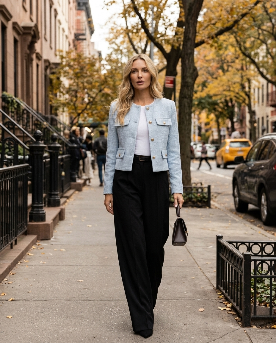Woman wearing the Cropped Tweed Blazer with Gold Buttons & Flap Pockets in New York