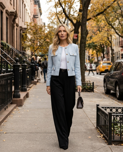 Woman wearing the Cropped Tweed Blazer with Gold Buttons & Flap Pockets in New York