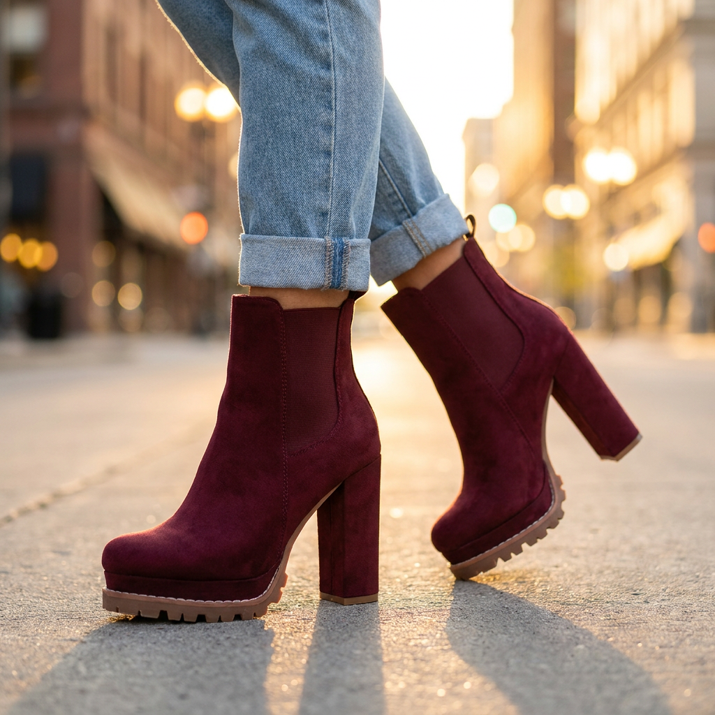Skyler Block Heel Ankle Boots — Faux Suede with Lugged Platform Sole