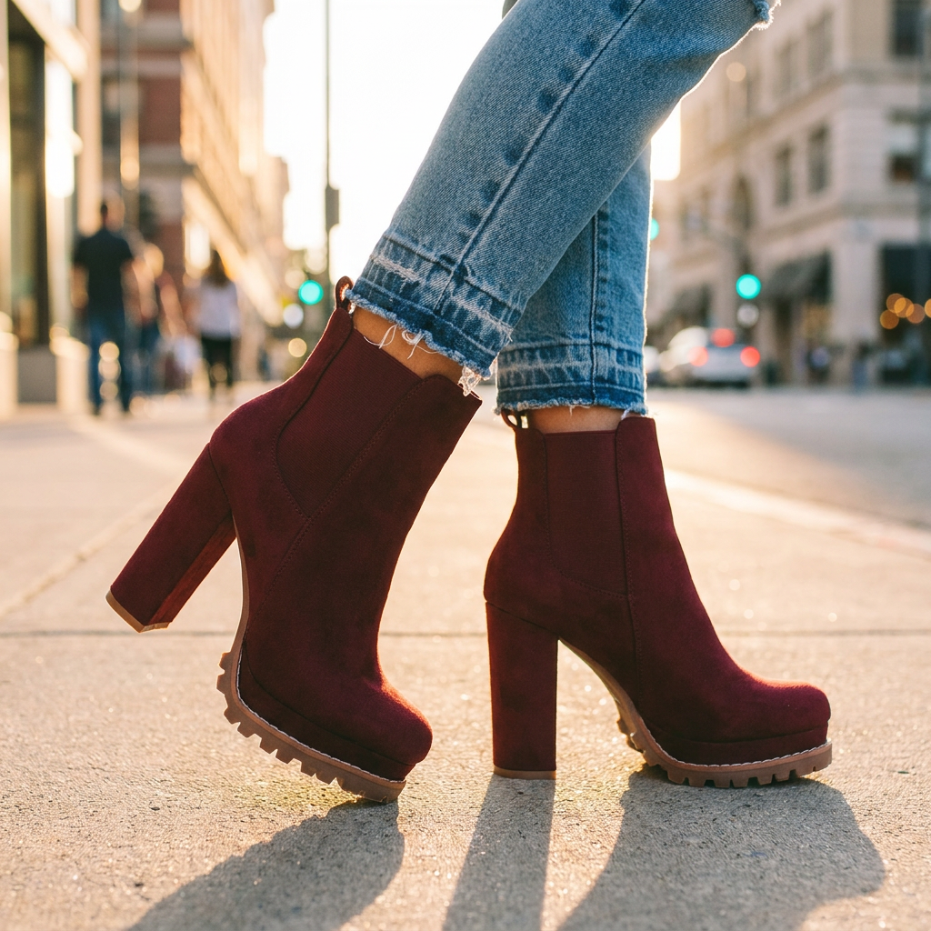 Skyler Block Heel Ankle Boots — Faux Suede with Lugged Platform Sole