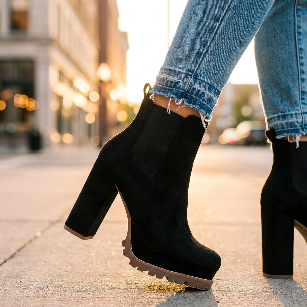 Skyler Block Heel Ankle Boots — Faux Suede with Lugged Platform Sole