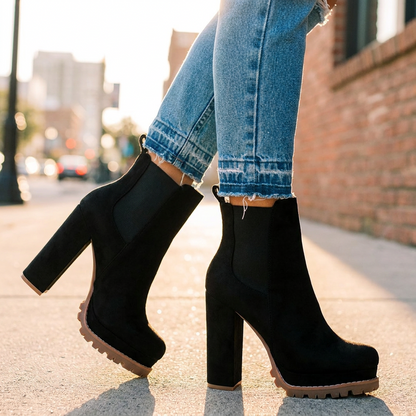 Skyler Block Heel Ankle Boots — Faux Suede with Lugged Platform Sole