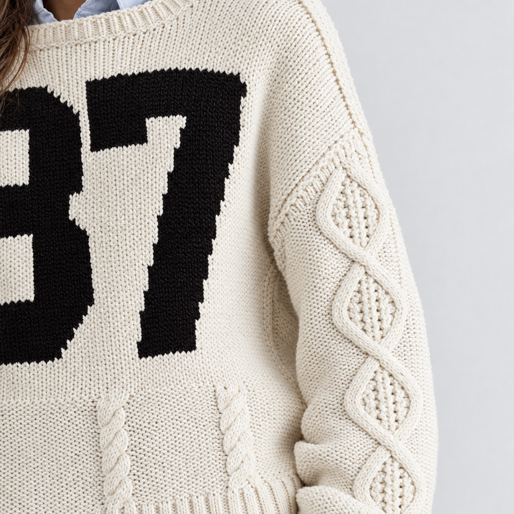 Close-up of the cable knit sleeve and black 87 on the cream sweater