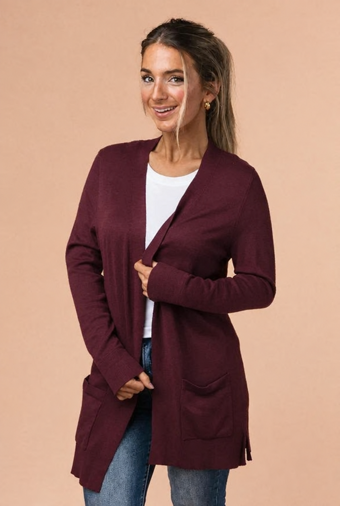 Skyler Burgundy Cardigan in burgundy, third view