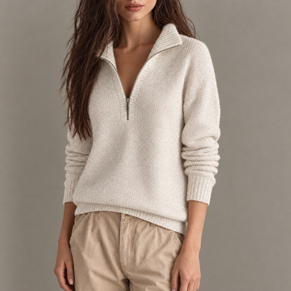 Skyler Cream Half-Zip Sweater in cream, three-quarter view