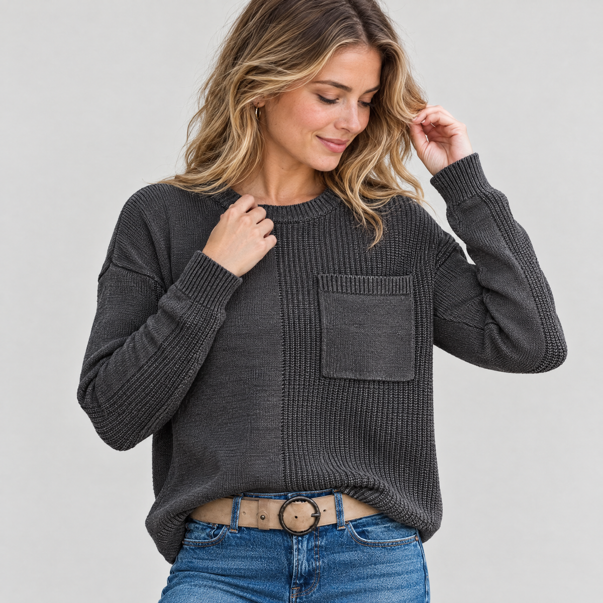 Charcoal mixed knit crew neck pocket sweater worn by a model