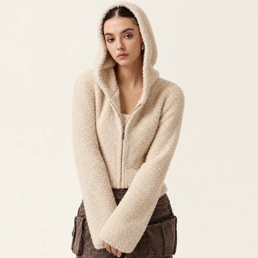 Skyler Cream Teddy Zip Hoodie in cream, front view with hood up