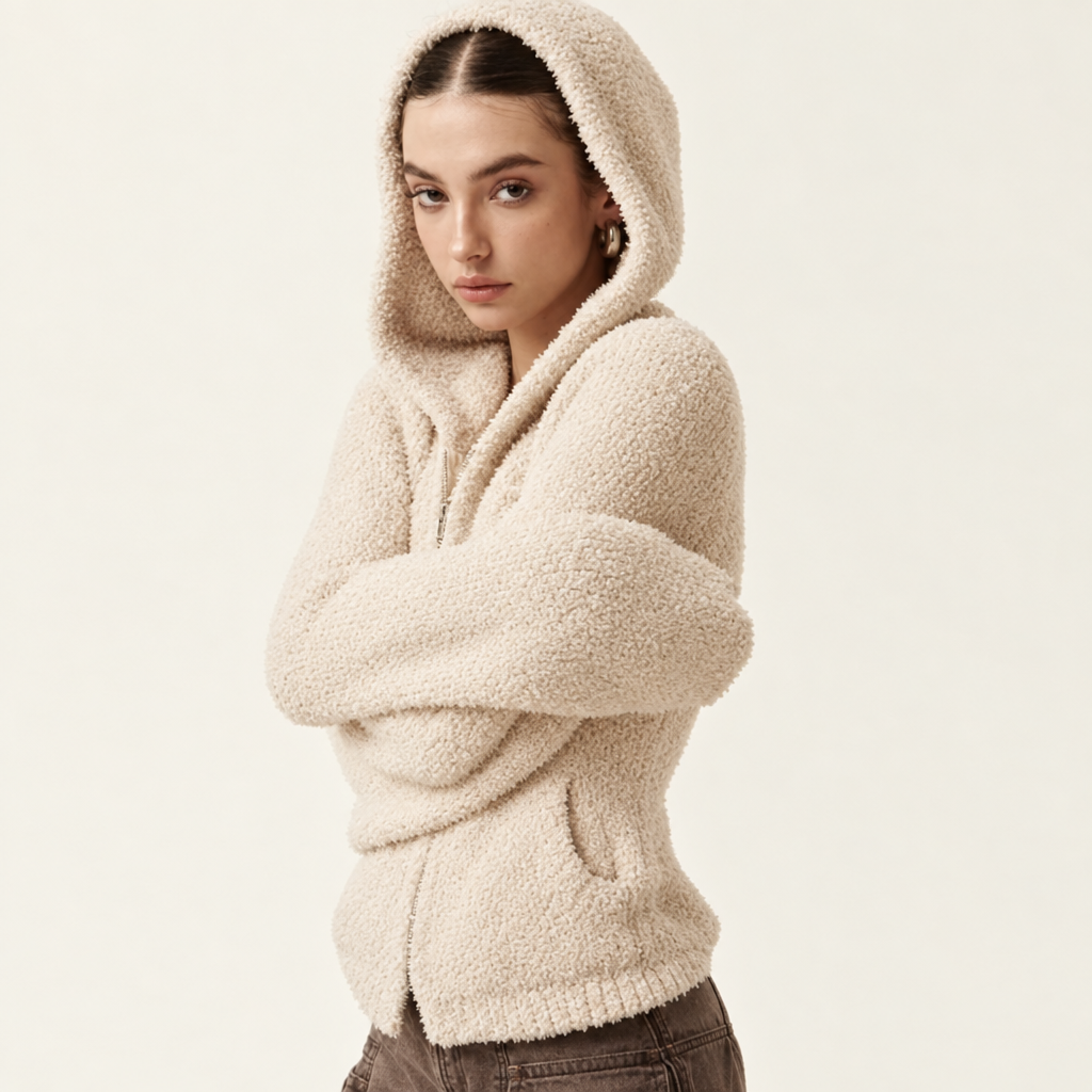 Skyler Cream Teddy Zip Hoodie in cream, worn with arms crossed