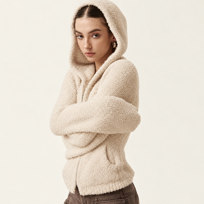 Skyler Cream Teddy Zip Hoodie in cream, worn with arms crossed