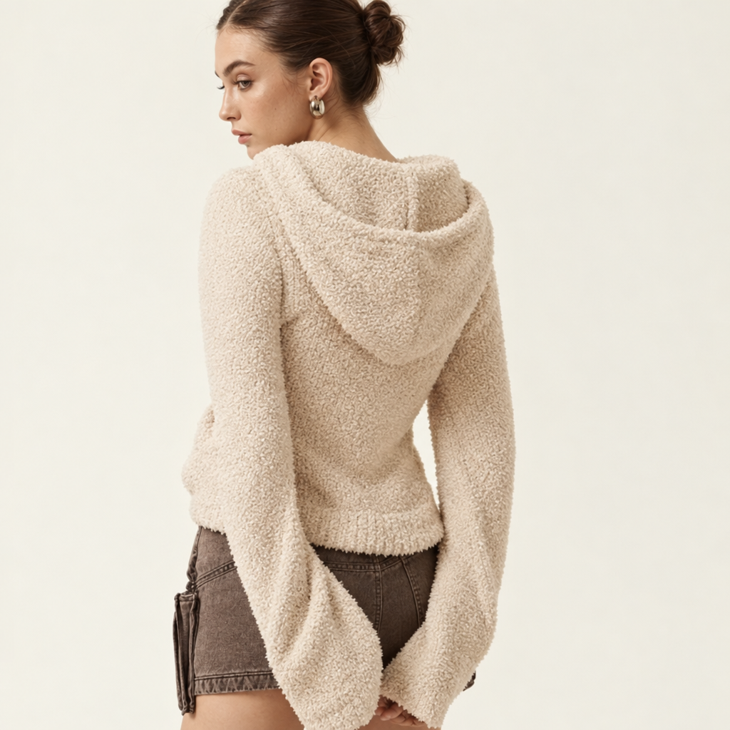 Skyler Cream Teddy Zip Hoodie in cream, back view with flared sleeves