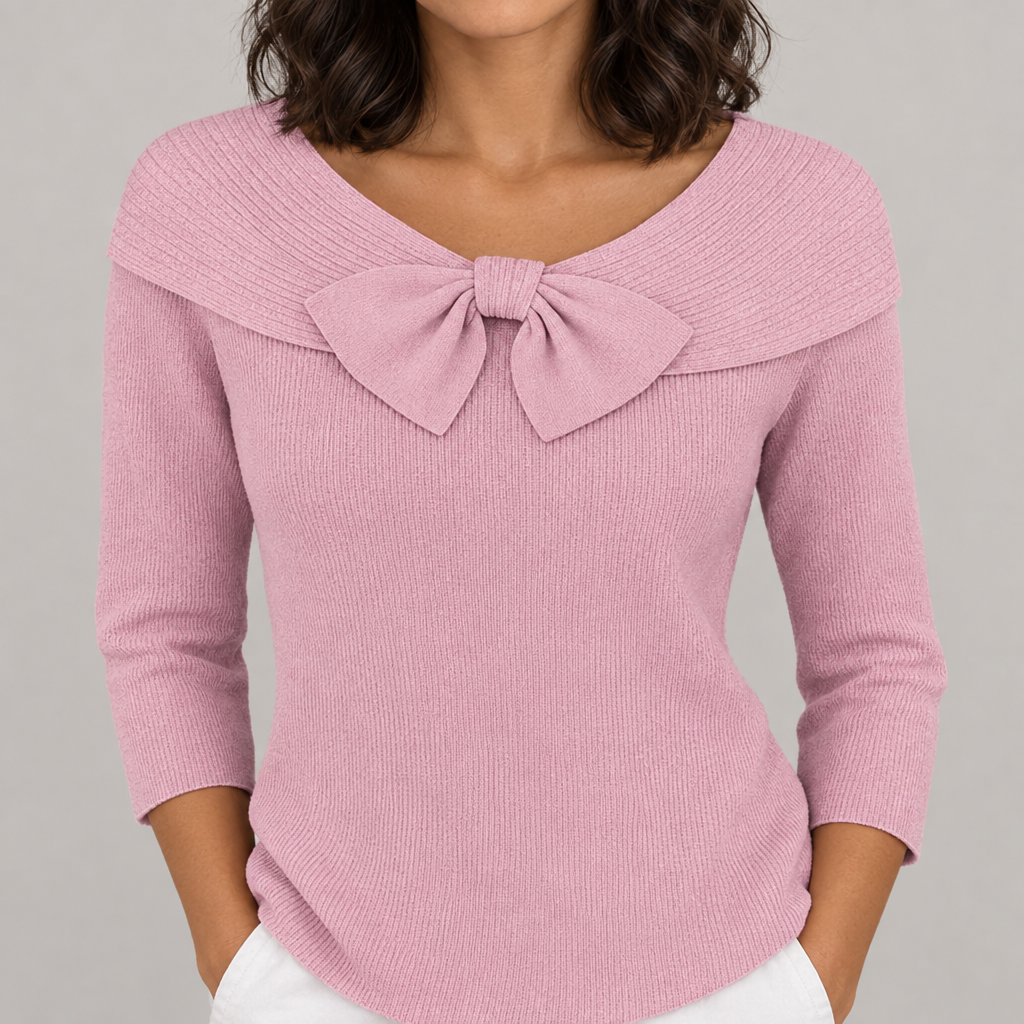 Close-up of the bow detail and knit on the Skyler fitted sweater