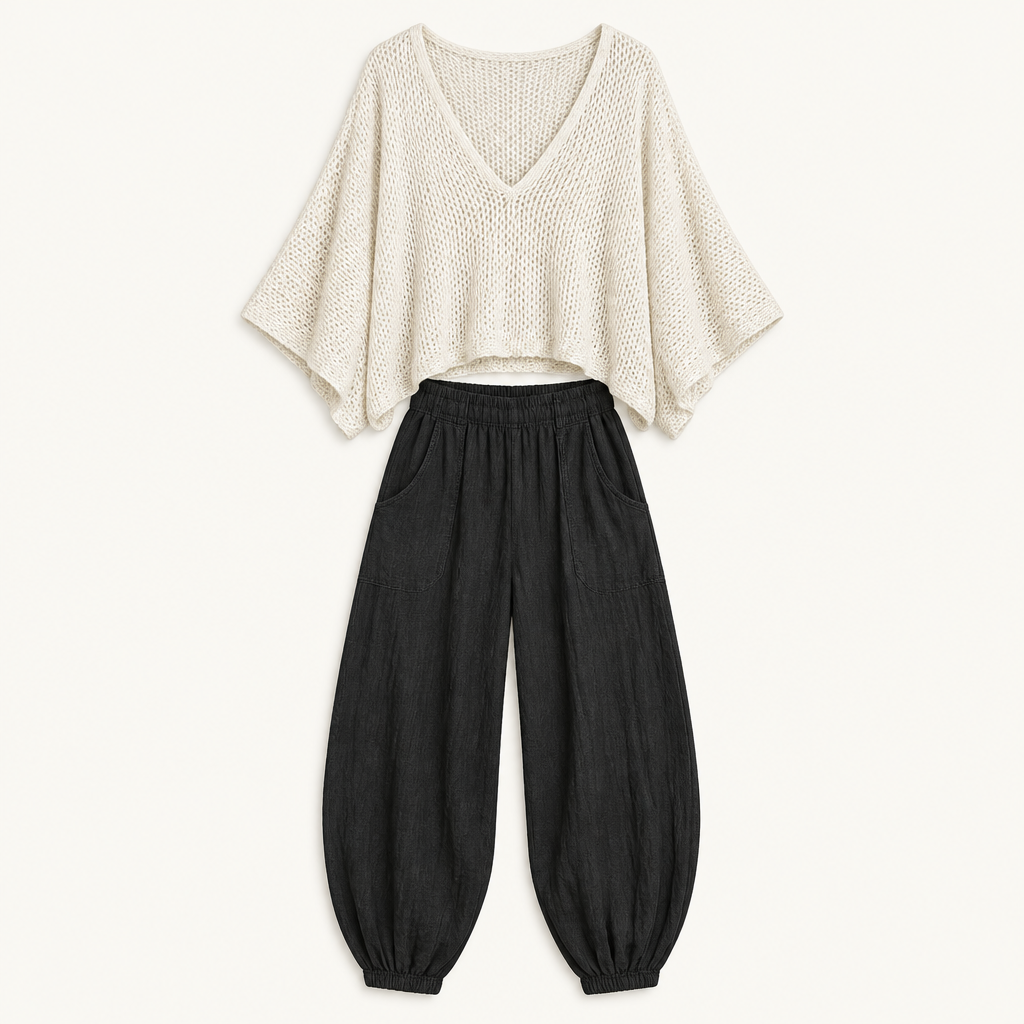 Cape sleeve sweater and harem pants set, flat product view