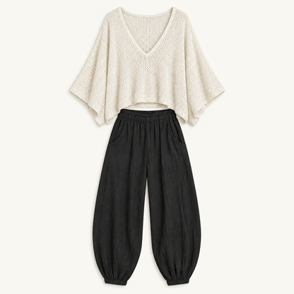 Cape sleeve sweater and harem pants set, flat product view
