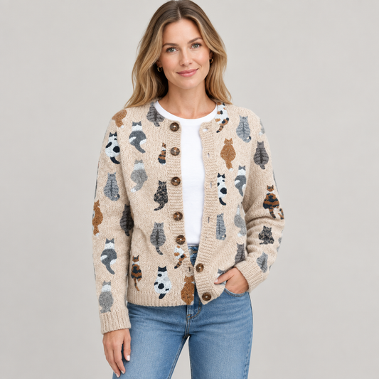 Woman wearing the cat print button cardigan, front view