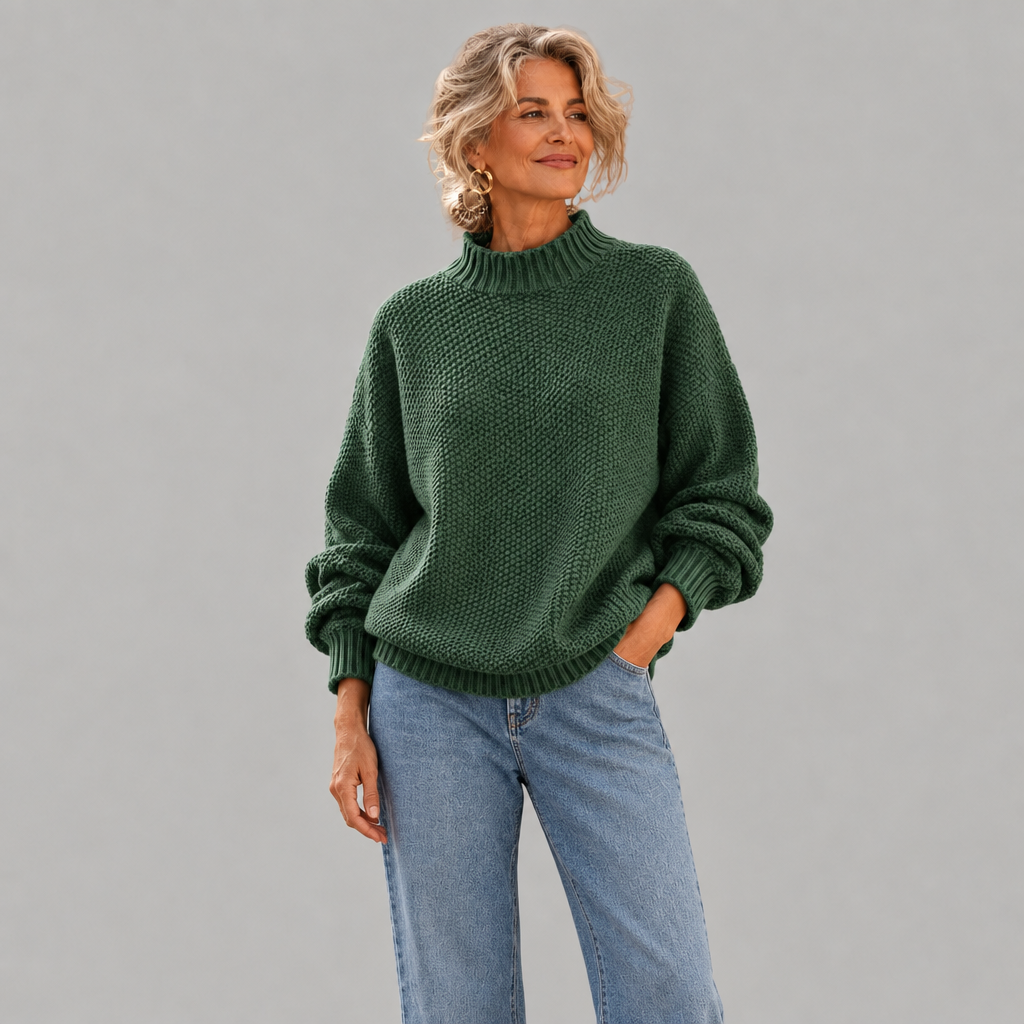 Woman wearing the textured mock neck sweater, front view