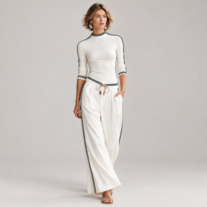 Woman wearing the soft two-piece lounge set, front view