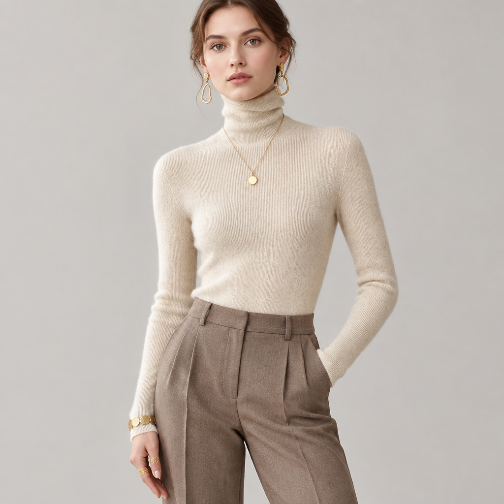 Woman wearing the soft knit turtleneck sweater, front view