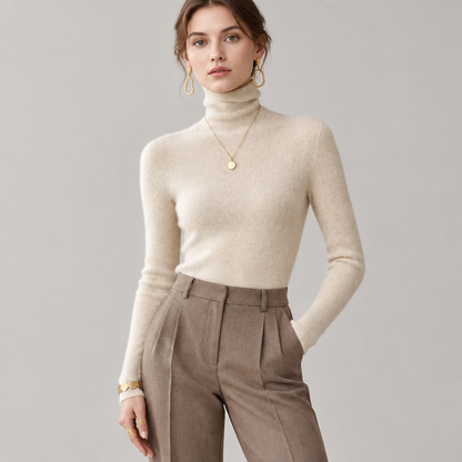 Woman wearing the soft knit turtleneck sweater, front view