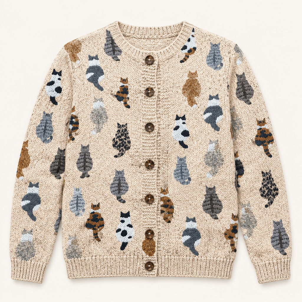 Cat print button cardigan, flat product view