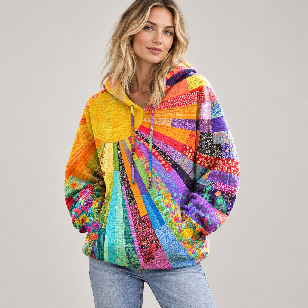 Woman wearing the boho patchwork hoodie, front view