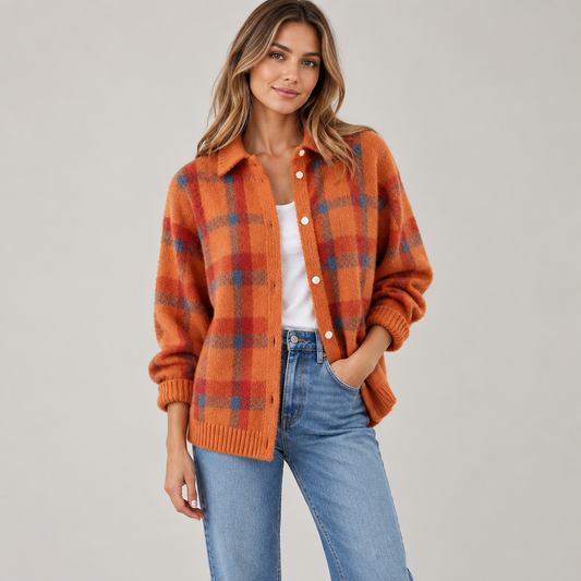 Woman wearing the check knit cardigan, front view
