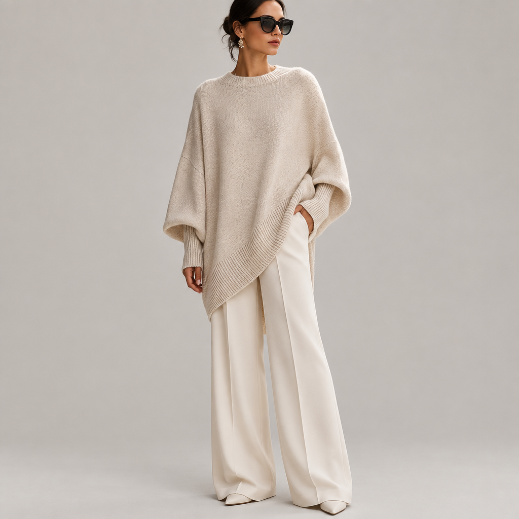 Woman wearing the minimal oversized knit sweater, front view