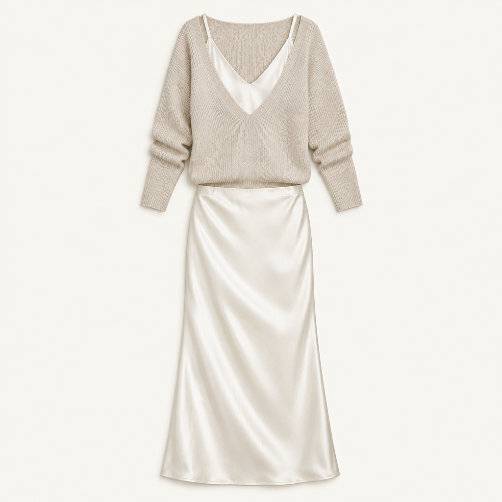 Satin midi skirt and knit top set, flat product view