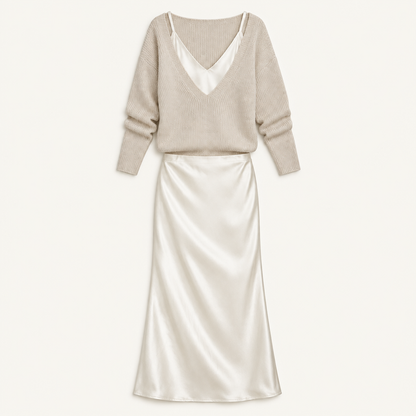 Satin midi skirt and knit top set, flat product view