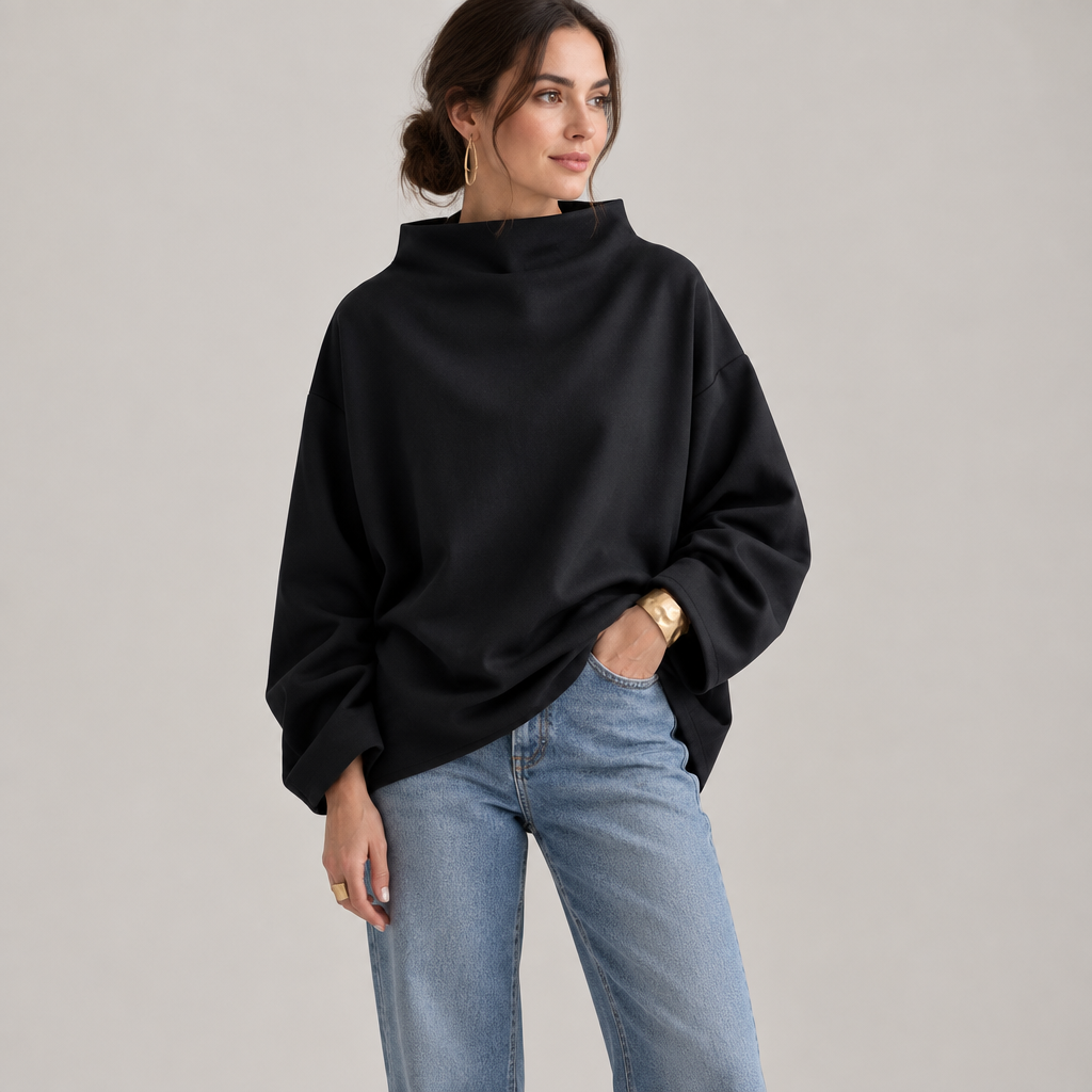 Woman wearing the high neck casual top, front view