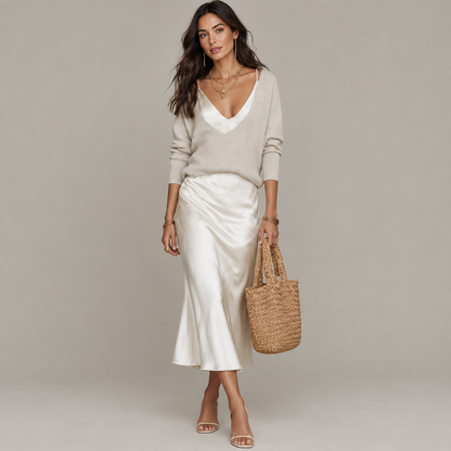 Woman wearing the satin midi skirt and knit top set, front view