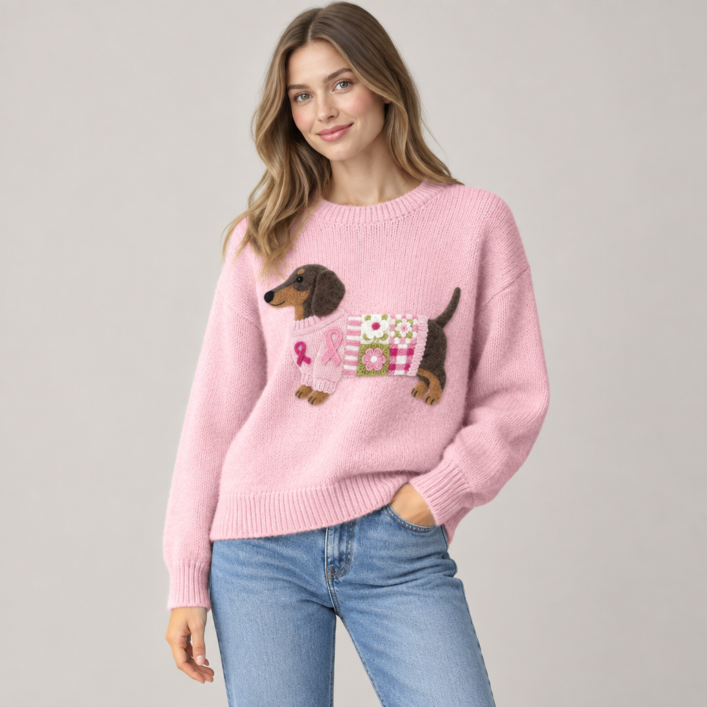 Woman wearing the dachshund motif knit sweater, front view