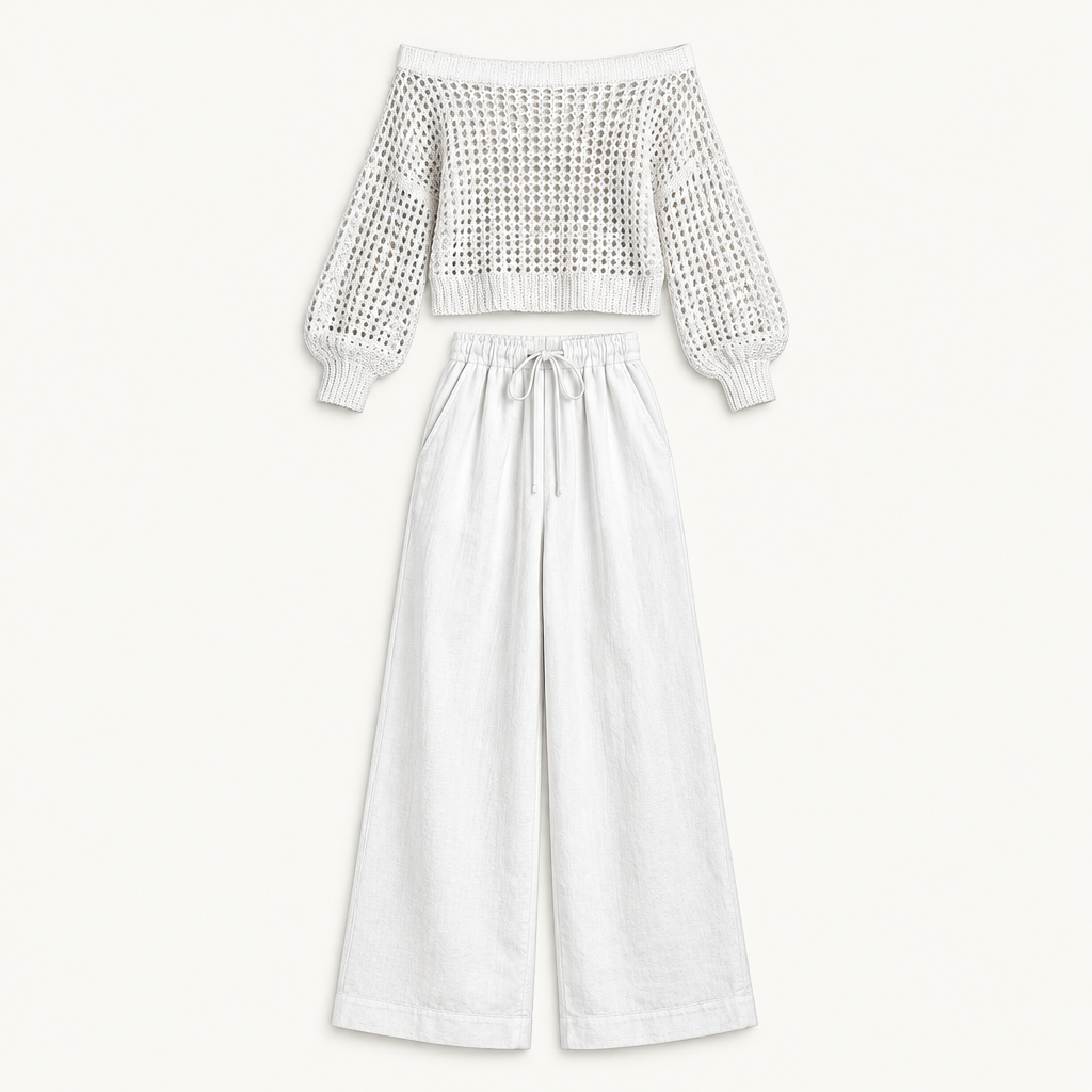 Off-shoulder top and wide leg pants set, flat product view