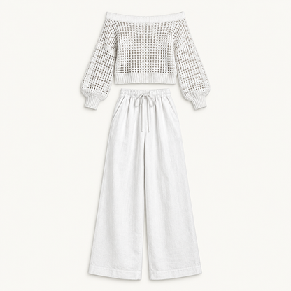 Off-shoulder top and wide leg pants set, flat product view