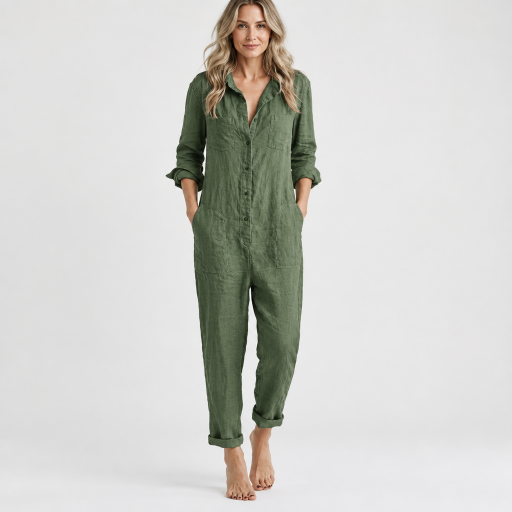 Woman wearing the Linen Button Jumpsuit
