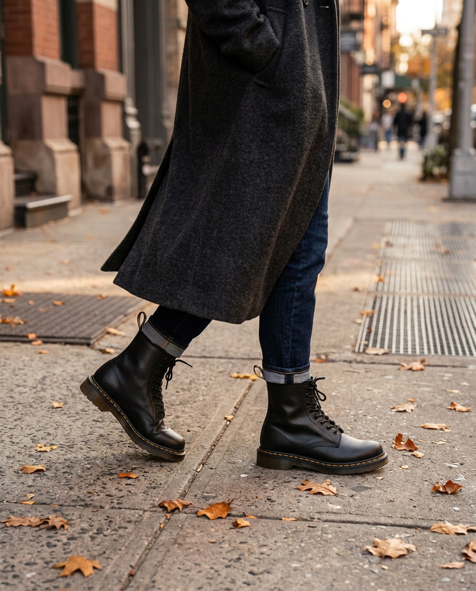 Woman wearing the Marten Unisex Vegan Leather Lace-Up Boots in New York