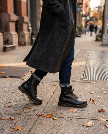 Woman wearing the Marten Unisex Vegan Leather Lace-Up Boots in New York