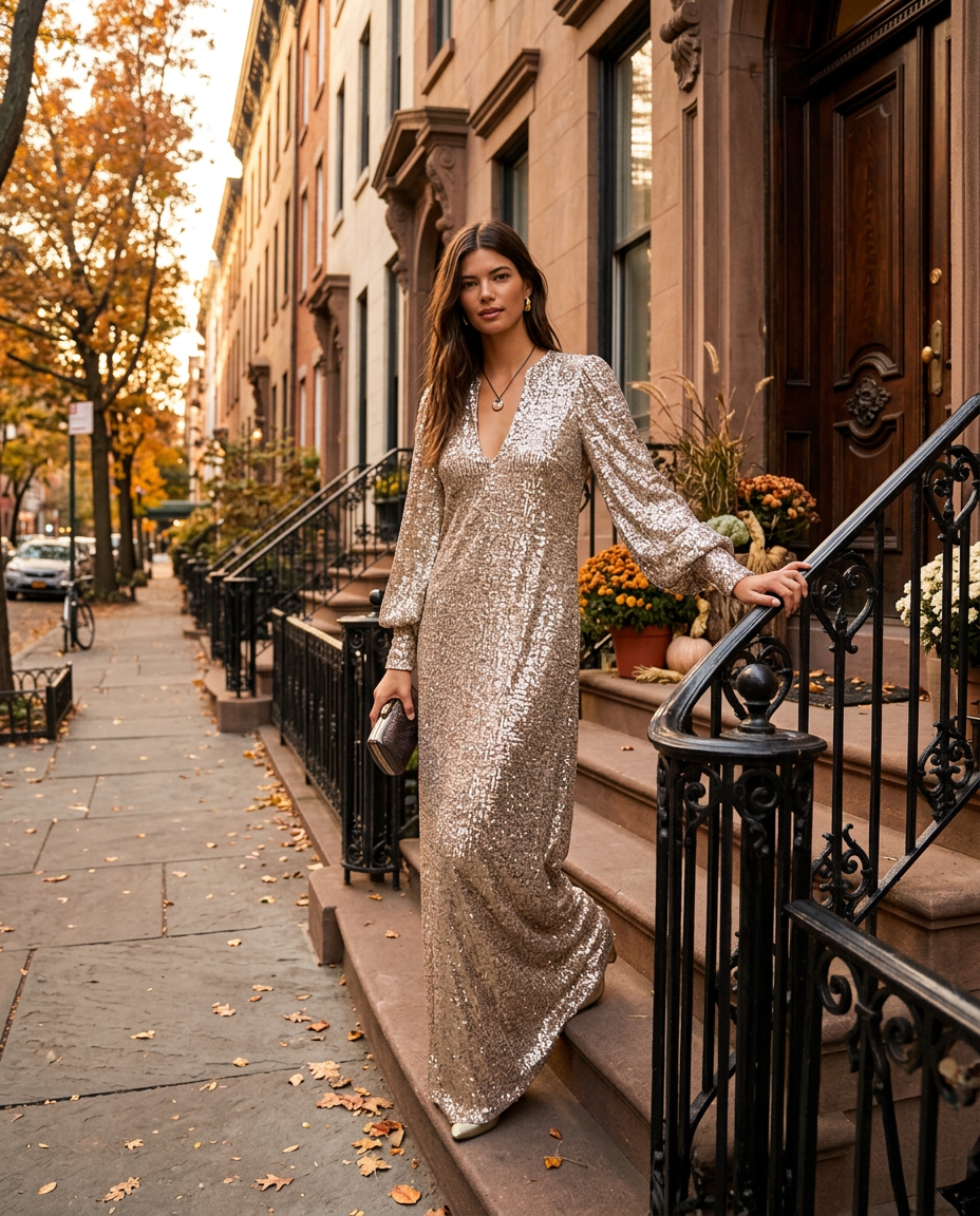 Woman wearing the Shimmering Maxi Party Gown in New York